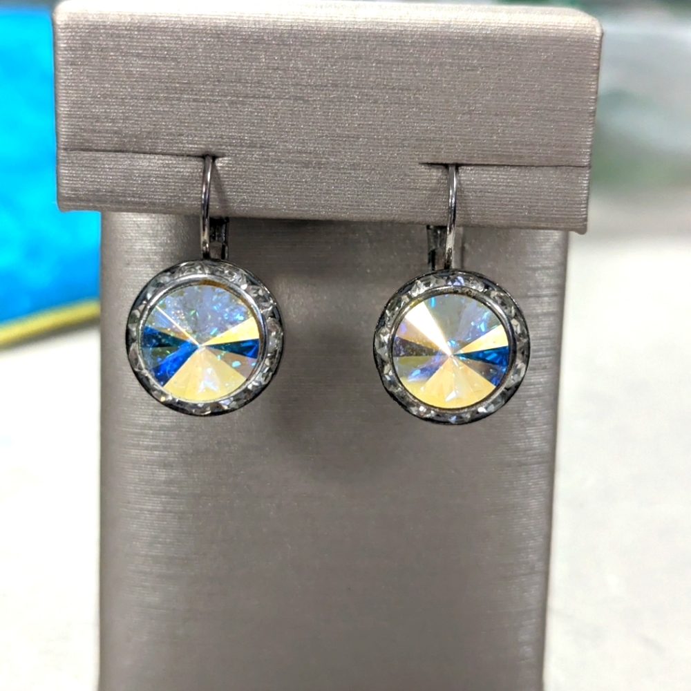Crystal irradecent halo silver leaver back earrings